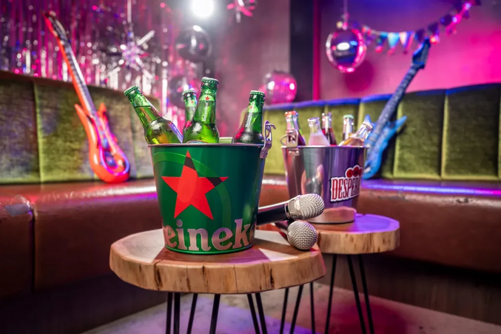 Heineken Eimer mit Flaschen bei Karaoke-Party